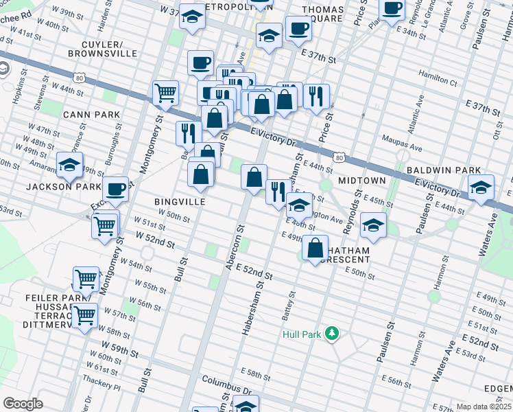 map of restaurants, bars, coffee shops, grocery stores, and more near 110 East 49th Street in Savannah