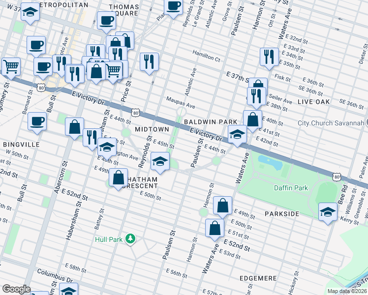 map of restaurants, bars, coffee shops, grocery stores, and more near 508 East 46th Street in Savannah