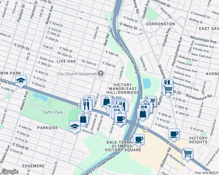 map of restaurants, bars, coffee shops, grocery stores, and more near 1710 East 38th Street in Savannah