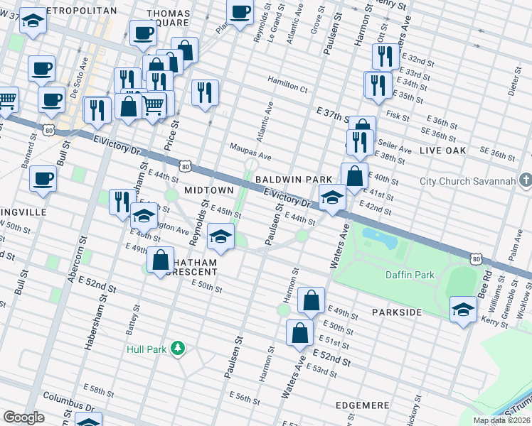 map of restaurants, bars, coffee shops, grocery stores, and more near 528 East 44th Street in Savannah