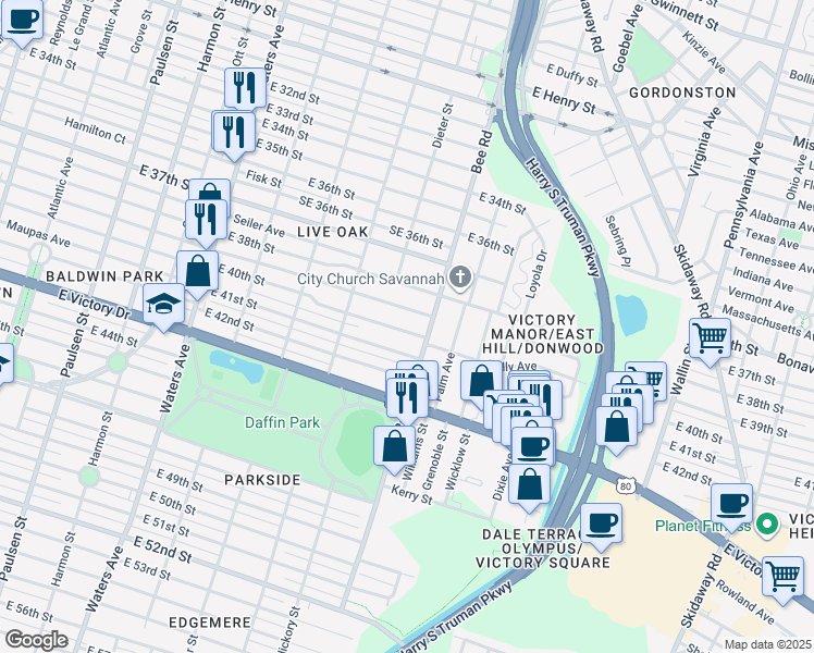 map of restaurants, bars, coffee shops, grocery stores, and more near 1452 East 39th Street in Savannah