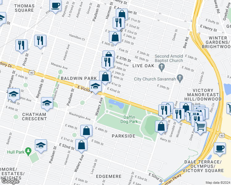 map of restaurants, bars, coffee shops, grocery stores, and more near 1137 East 42nd Street in Savannah
