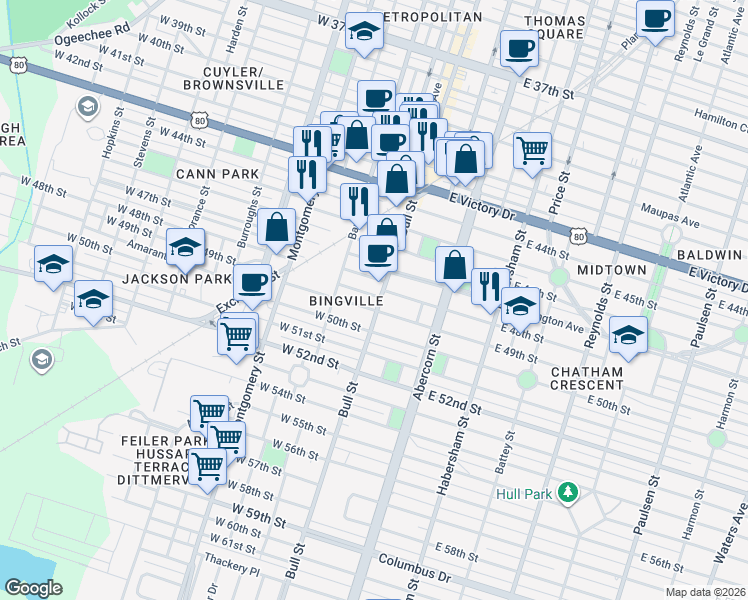 map of restaurants, bars, coffee shops, grocery stores, and more near 3123 Bull Street in Savannah