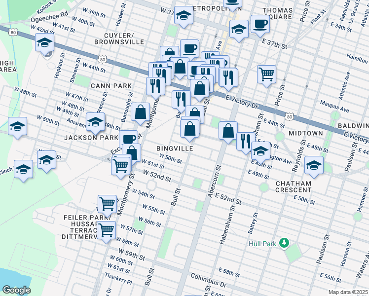 map of restaurants, bars, coffee shops, grocery stores, and more near 33 Nephew Street in Savannah