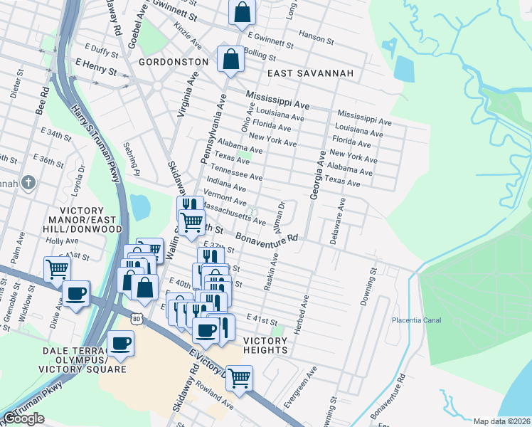 map of restaurants, bars, coffee shops, grocery stores, and more near 2147 Indiana Avenue in Savannah