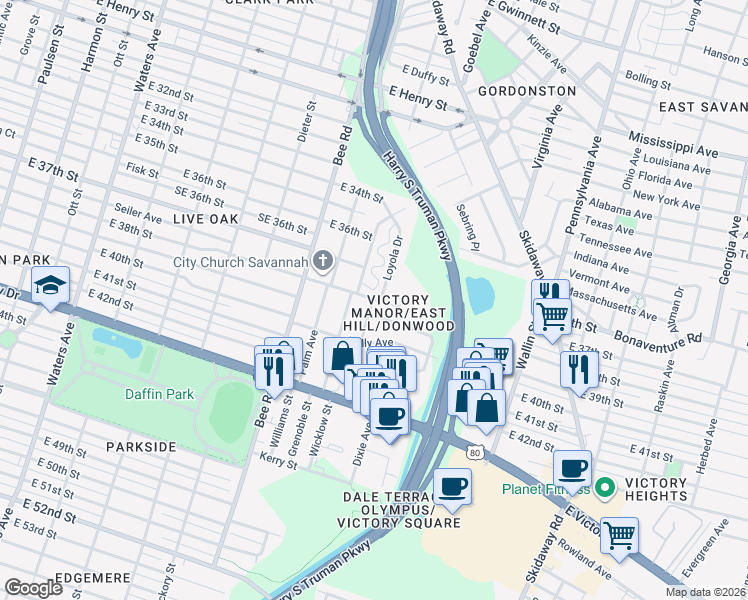 map of restaurants, bars, coffee shops, grocery stores, and more near 30 Loyola Drive in Savannah