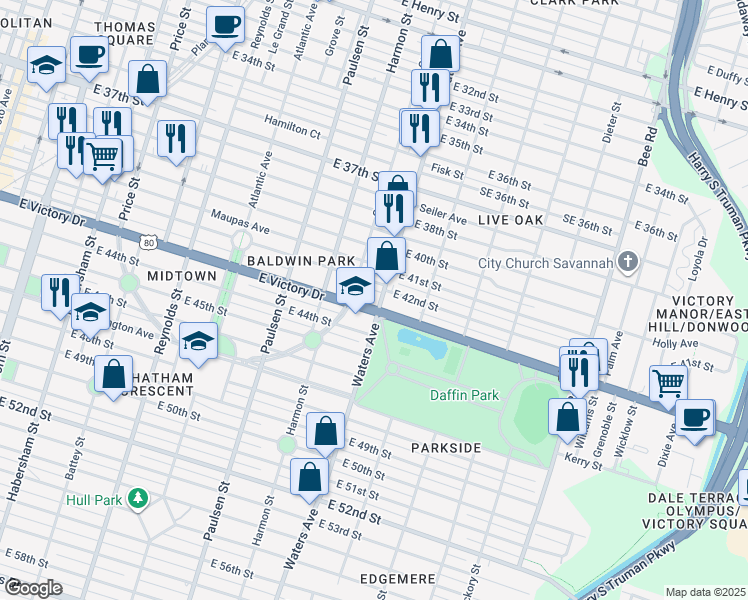 map of restaurants, bars, coffee shops, grocery stores, and more near 1007 East 41st Street in Savannah