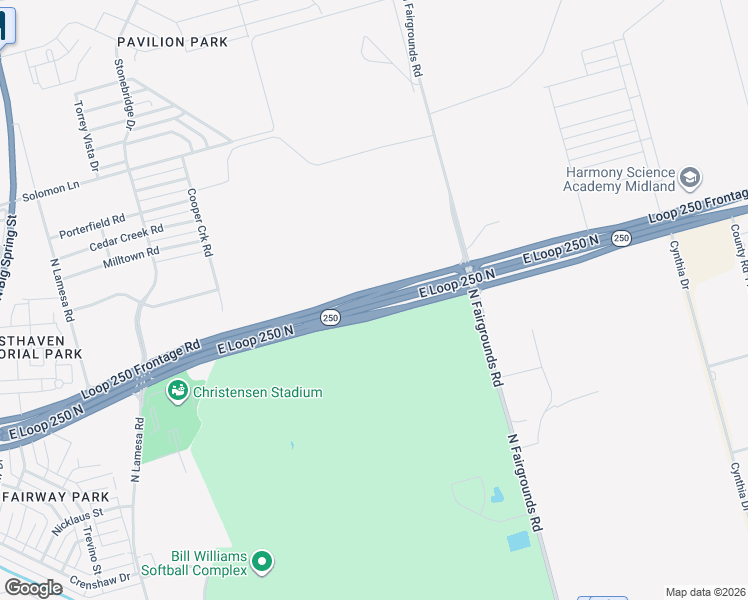 map of restaurants, bars, coffee shops, grocery stores, and more near Loop 250 Frontage Road in Midland