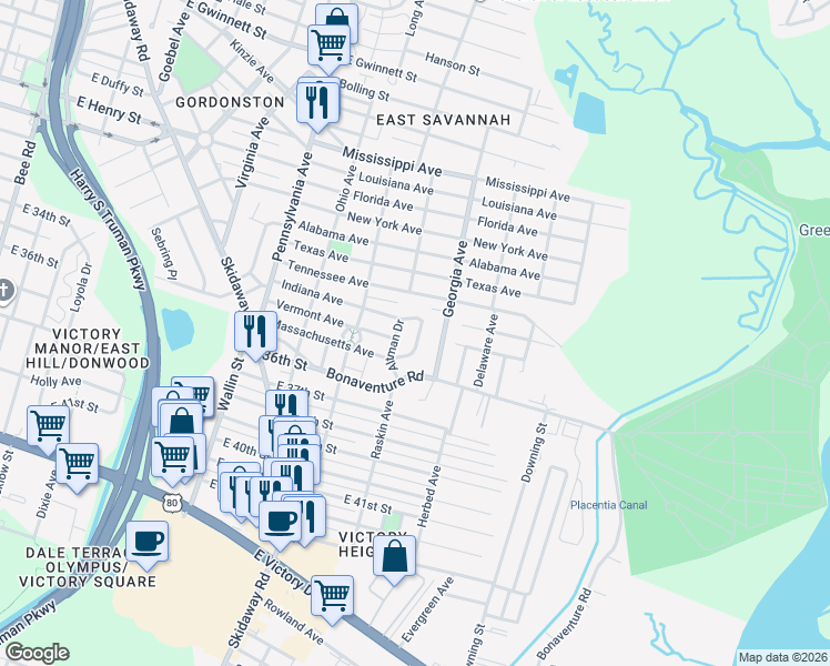map of restaurants, bars, coffee shops, grocery stores, and more near 47 Altman Circle in Savannah