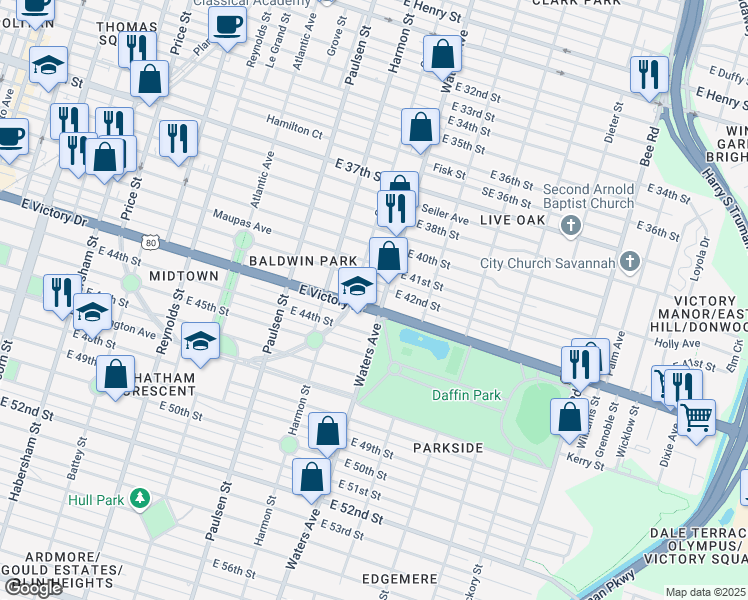map of restaurants, bars, coffee shops, grocery stores, and more near 1007 East 41st Street in Savannah