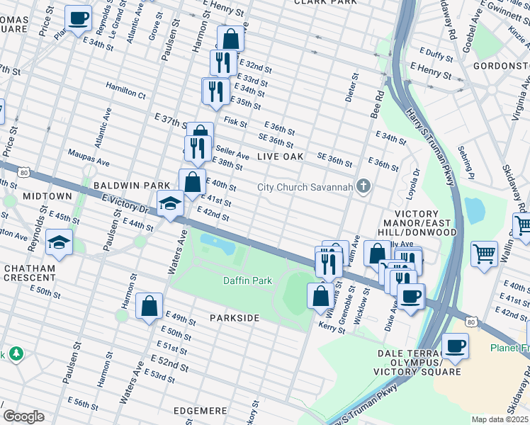 map of restaurants, bars, coffee shops, grocery stores, and more near 2406 Cedar Street in Savannah