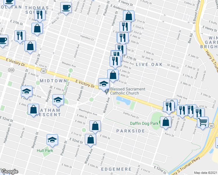 map of restaurants, bars, coffee shops, grocery stores, and more near 1007 East 41st Street in Savannah