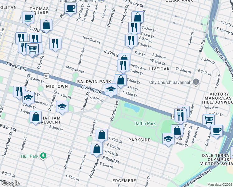 map of restaurants, bars, coffee shops, grocery stores, and more near 1007 East 41st Street in Savannah