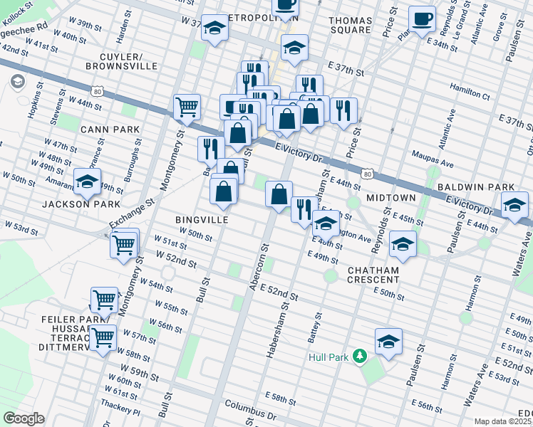 map of restaurants, bars, coffee shops, grocery stores, and more near in Savannah