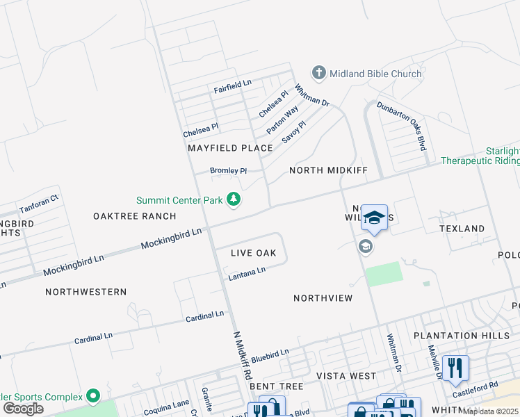 map of restaurants, bars, coffee shops, grocery stores, and more near 3000 Mockingbird Lane in Midland