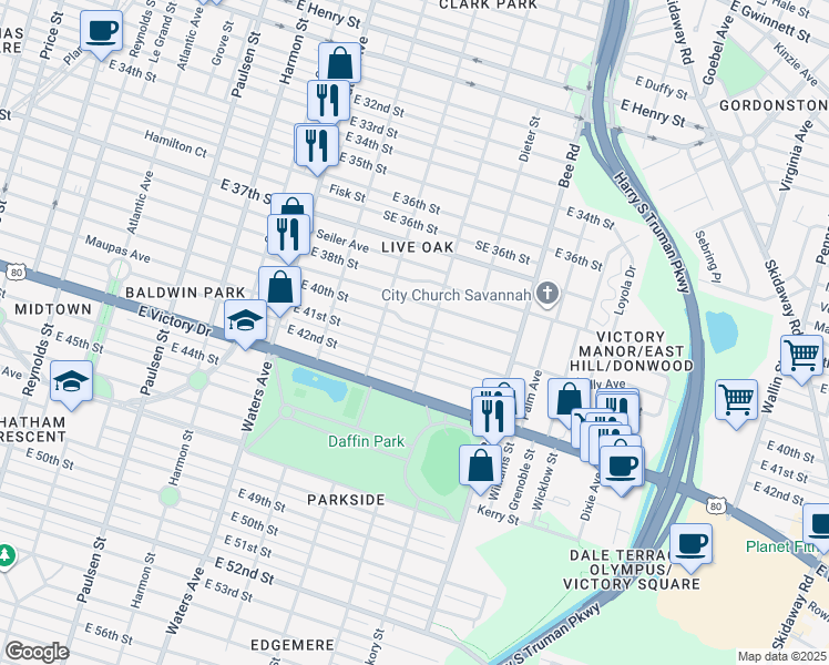 map of restaurants, bars, coffee shops, grocery stores, and more near 1328 East 40th Street in Savannah