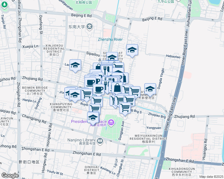 map of restaurants, bars, coffee shops, grocery stores, and more near in Nanjing