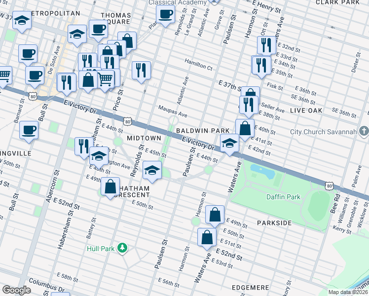 map of restaurants, bars, coffee shops, grocery stores, and more near 528 East 44th Street in Savannah