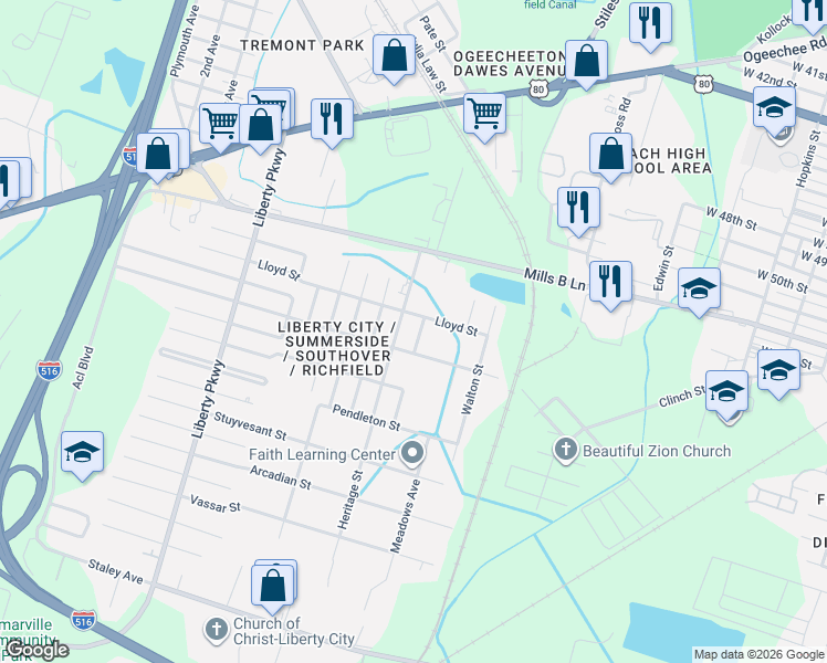 map of restaurants, bars, coffee shops, grocery stores, and more near 4107 Heard Street in Savannah