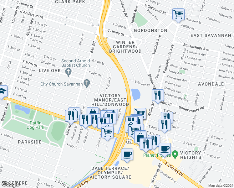 map of restaurants, bars, coffee shops, grocery stores, and more near 1814 East 38th Street in Savannah