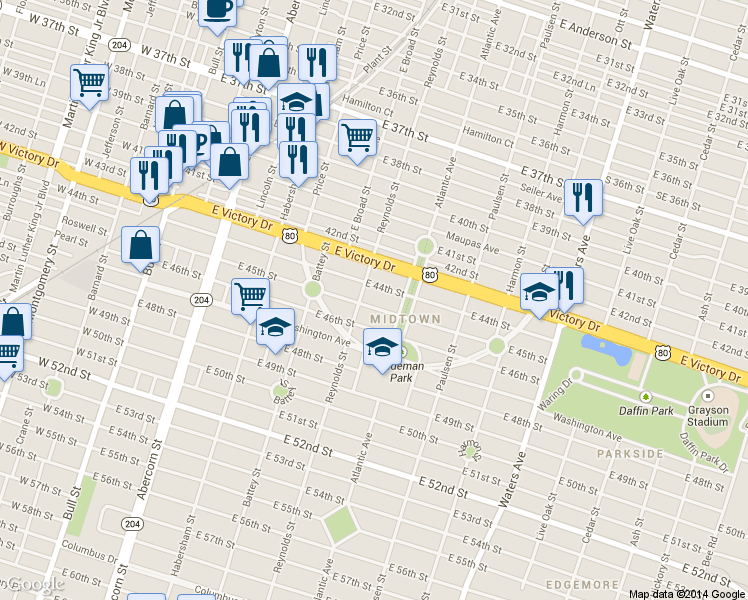 map of restaurants, bars, coffee shops, grocery stores, and more near in Savannah