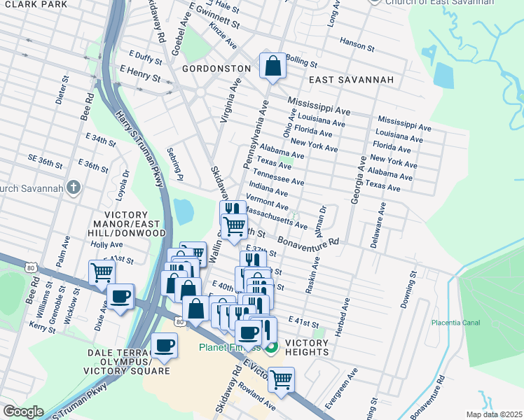 map of restaurants, bars, coffee shops, grocery stores, and more near 1905 Ohio Avenue in Savannah