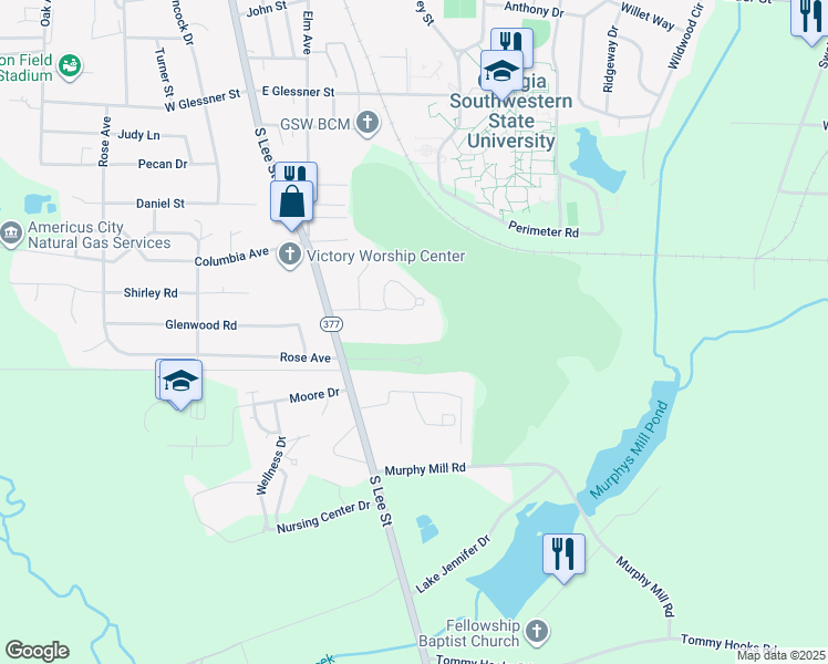 map of restaurants, bars, coffee shops, grocery stores, and more near 215 Fairway Circle in Americus
