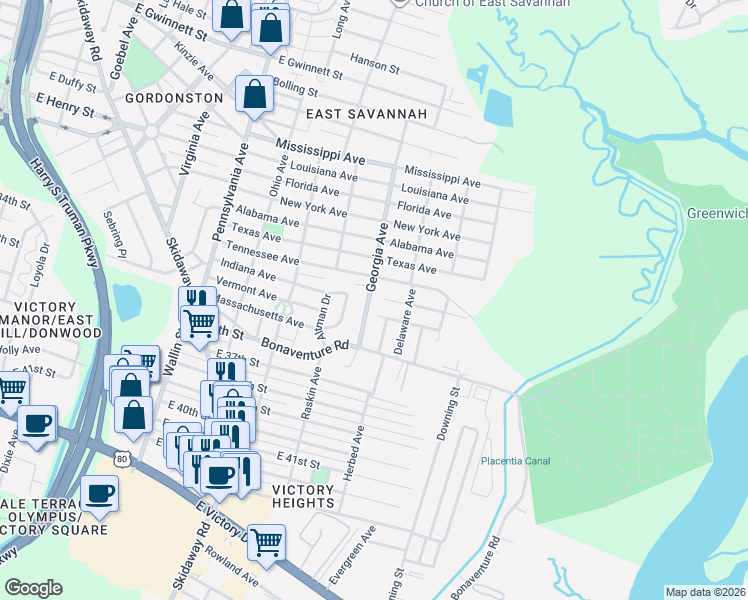 map of restaurants, bars, coffee shops, grocery stores, and more near 1804 Georgia Avenue in Savannah