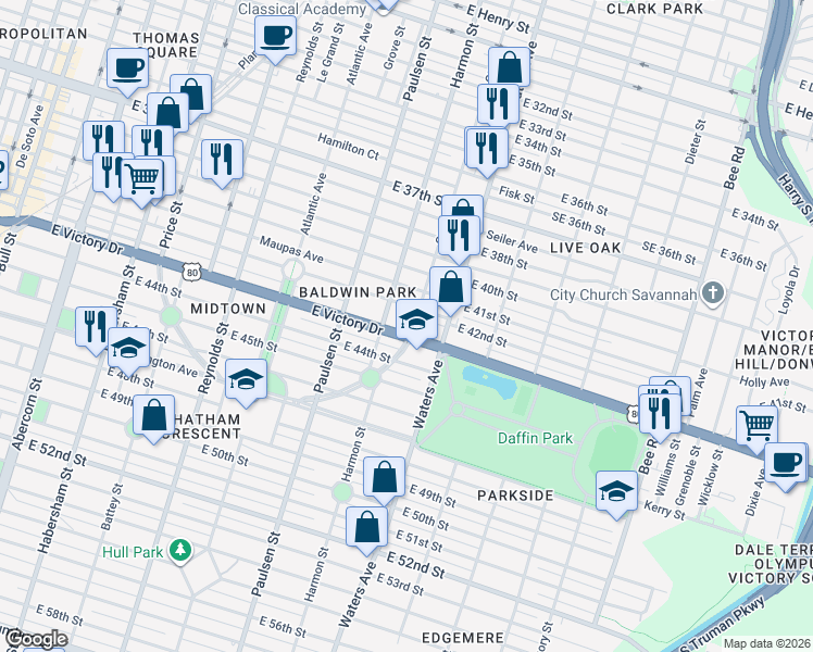 map of restaurants, bars, coffee shops, grocery stores, and more near 910 East Victory Drive in Savannah