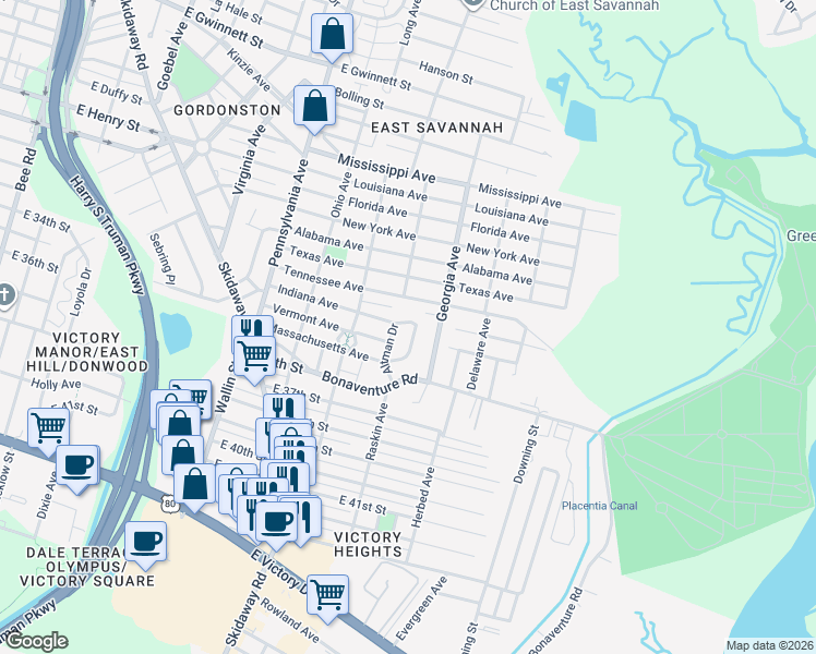 map of restaurants, bars, coffee shops, grocery stores, and more near 47 Altman Circle in Savannah