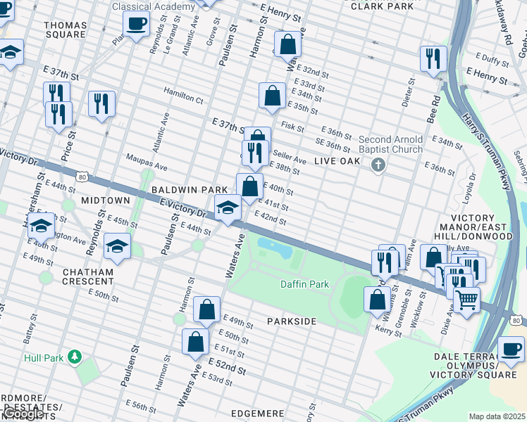 map of restaurants, bars, coffee shops, grocery stores, and more near 1120 East 42nd Street in Savannah