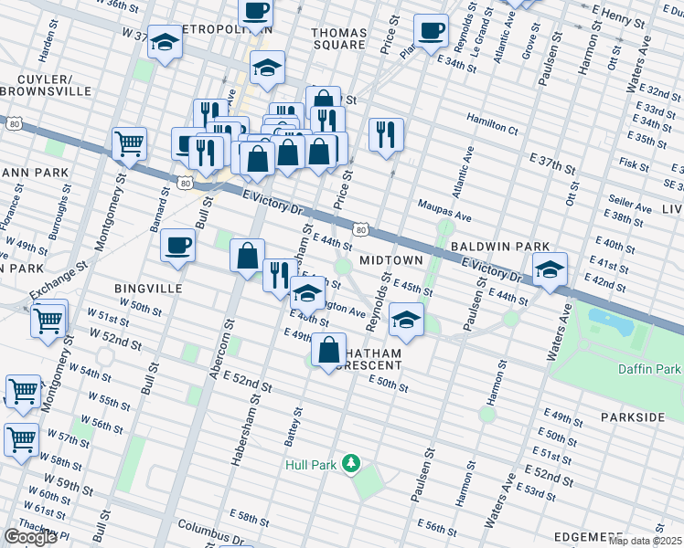 map of restaurants, bars, coffee shops, grocery stores, and more near 45TH West Street in Savannah