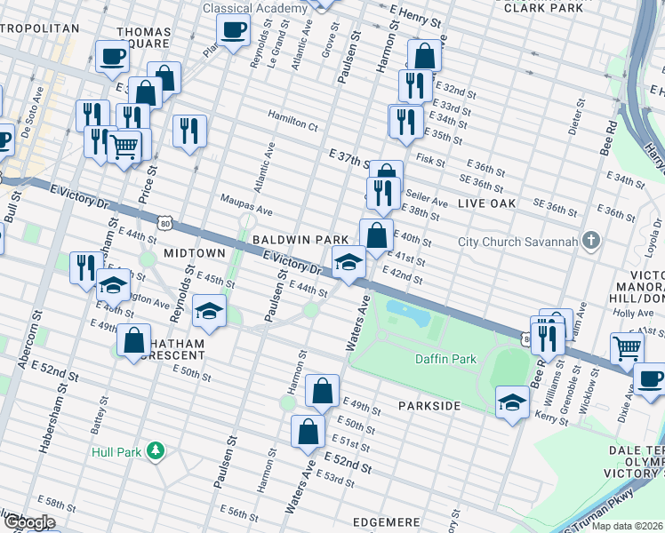 map of restaurants, bars, coffee shops, grocery stores, and more near 910 East Victory Drive in Savannah