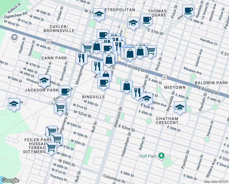 map of restaurants, bars, coffee shops, grocery stores, and more near 31 Washington Avenue in Savannah