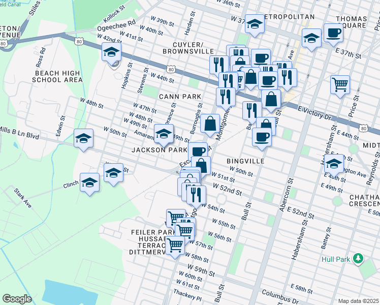 map of restaurants, bars, coffee shops, grocery stores, and more near 511 Amaranth Avenue in Savannah
