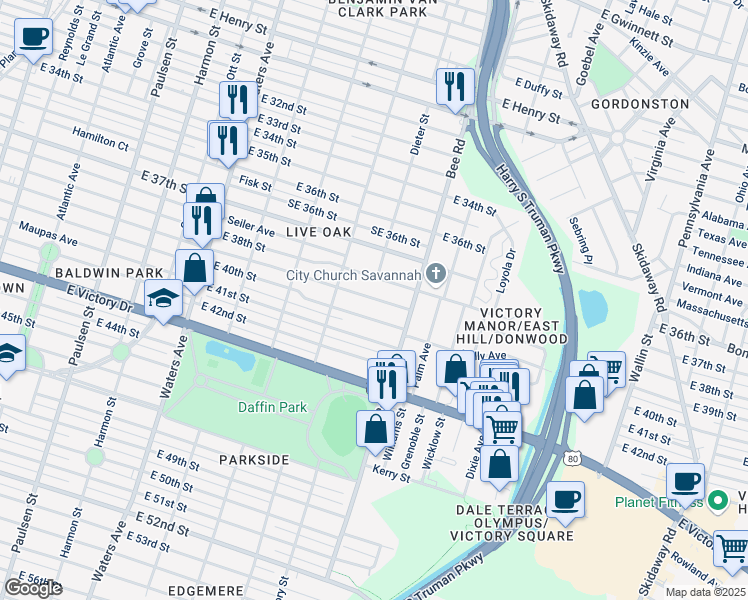 map of restaurants, bars, coffee shops, grocery stores, and more near 1452 East 39th Street in Savannah