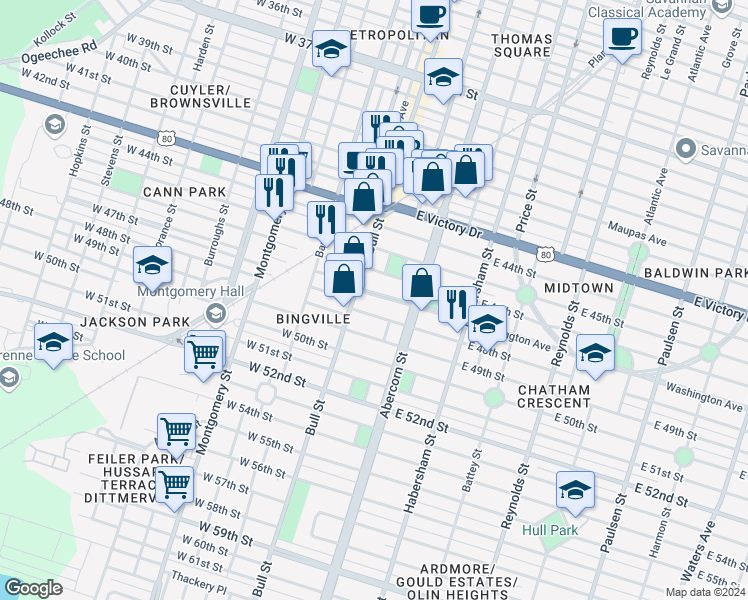 map of restaurants, bars, coffee shops, grocery stores, and more near 31 Washington Avenue in Savannah