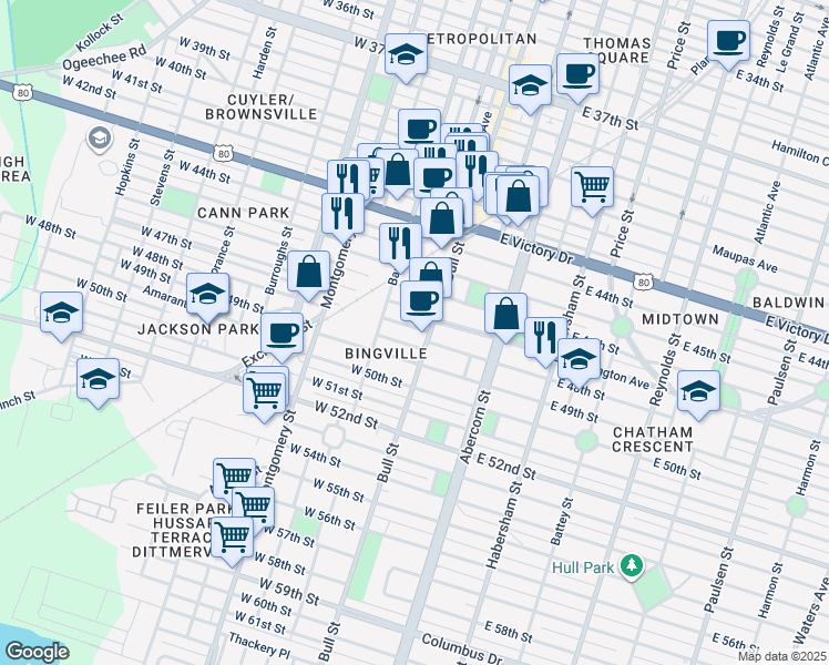 map of restaurants, bars, coffee shops, grocery stores, and more near 3123 Bull Street in Savannah