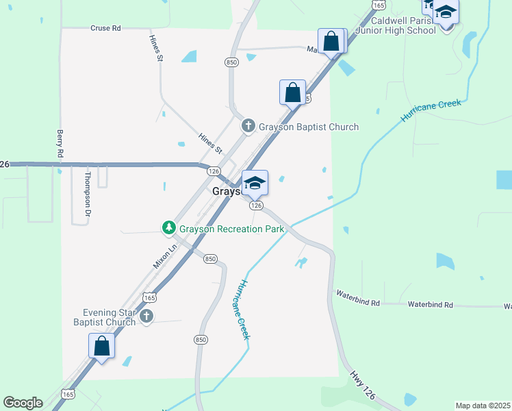 map of restaurants, bars, coffee shops, grocery stores, and more near 5237 Louisiana 126 in Grayson