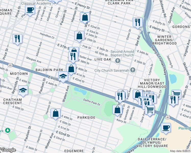 map of restaurants, bars, coffee shops, grocery stores, and more near 2406 Cedar Street in Savannah