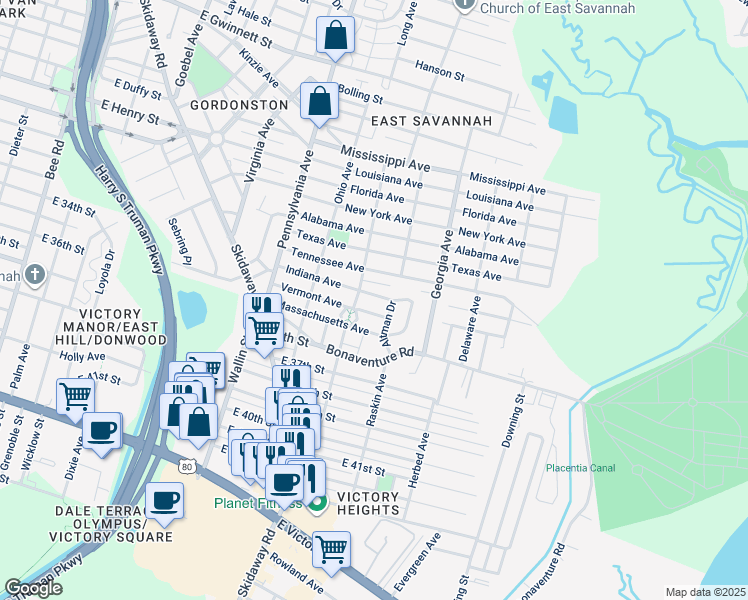 map of restaurants, bars, coffee shops, grocery stores, and more near 2147 Indiana Avenue in Savannah