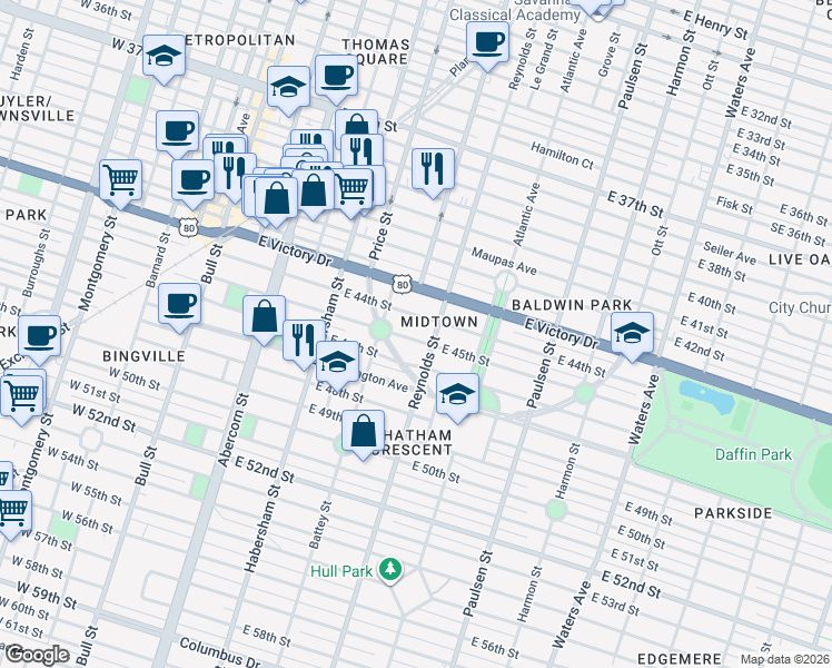 map of restaurants, bars, coffee shops, grocery stores, and more near 326 East 45th Street in Savannah