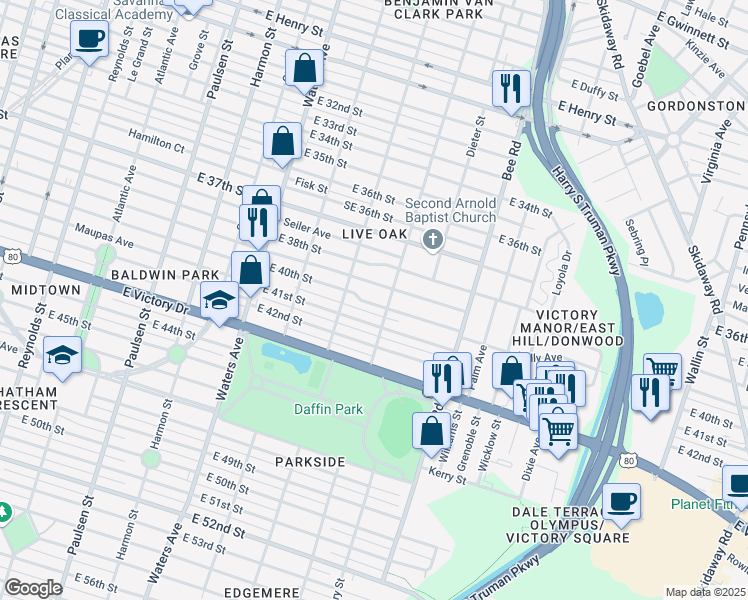 map of restaurants, bars, coffee shops, grocery stores, and more near 1328 East 40th Street in Savannah