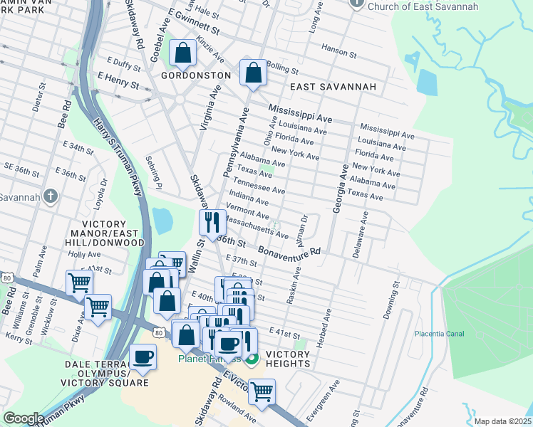 map of restaurants, bars, coffee shops, grocery stores, and more near 2118 Vermont Avenue in Savannah