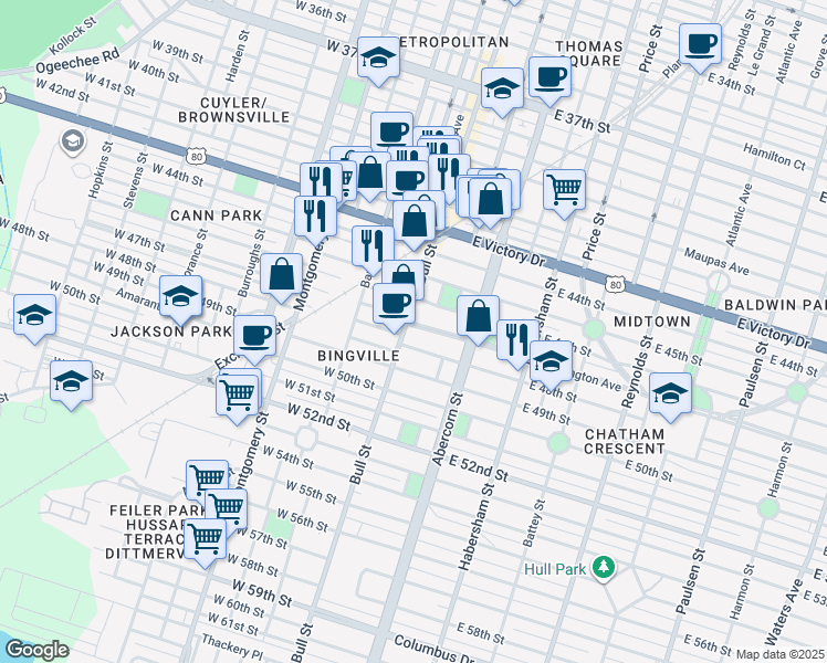 map of restaurants, bars, coffee shops, grocery stores, and more near 3123 Bull Street in Savannah