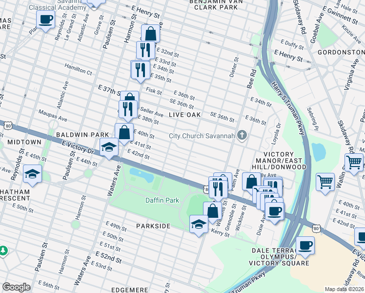 map of restaurants, bars, coffee shops, grocery stores, and more near 1328 East 40th Street in Savannah