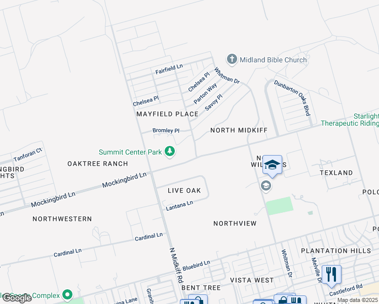 map of restaurants, bars, coffee shops, grocery stores, and more near 3000 Mockingbird Lane in Midland