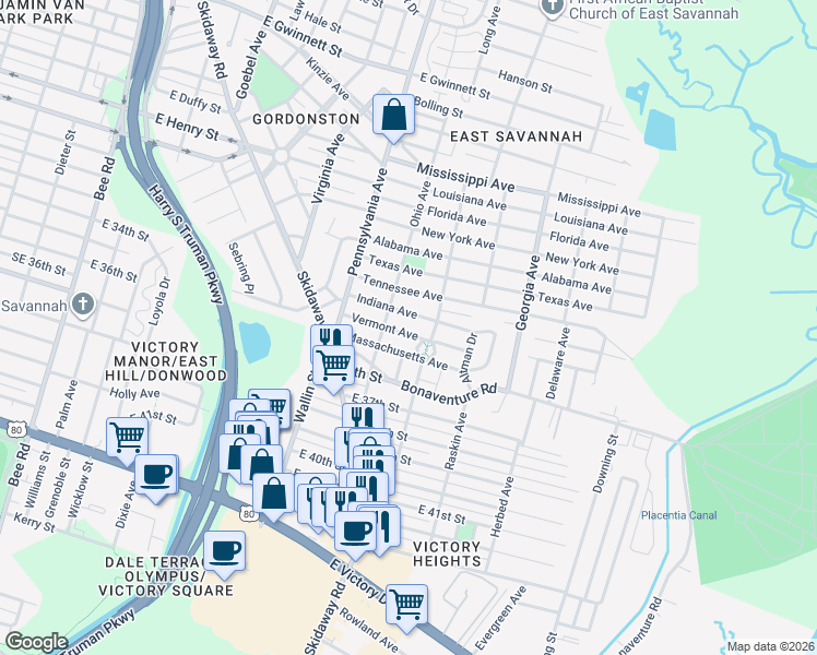 map of restaurants, bars, coffee shops, grocery stores, and more near 2118 Vermont Avenue in Savannah