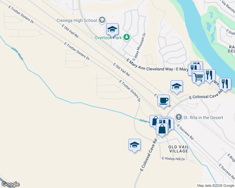 map of restaurants, bars, coffee shops, grocery stores, and more near 11801-12559 East Old Vail Road in Vail