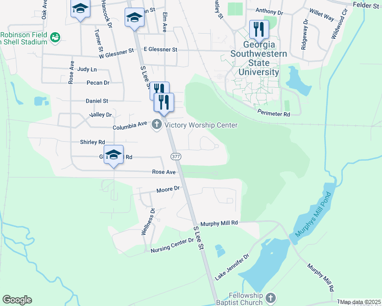 map of restaurants, bars, coffee shops, grocery stores, and more near 1724 South Lee Street in Americus